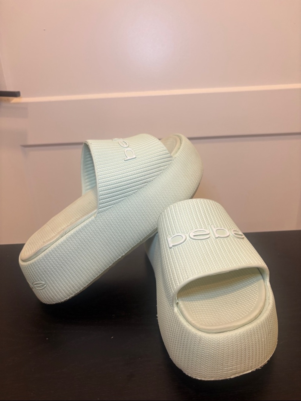 bebe Pastel Mint Logo Slide Sandals - Picture 2 of 5